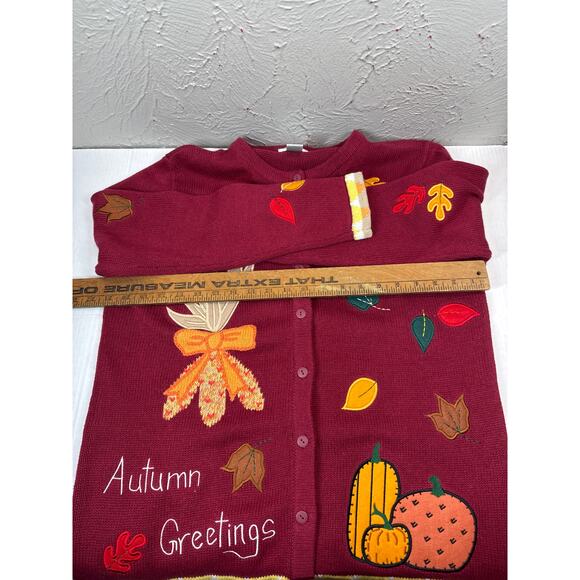 The Quacker Factory Autumn Greetings Fall Cardigan Corn Leaves Pumpkin Medium - Picture 5 of 5